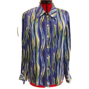 Como 100% Silk Blouse Top Shaped Sz 6 Business quiet luxury flames blue green‎